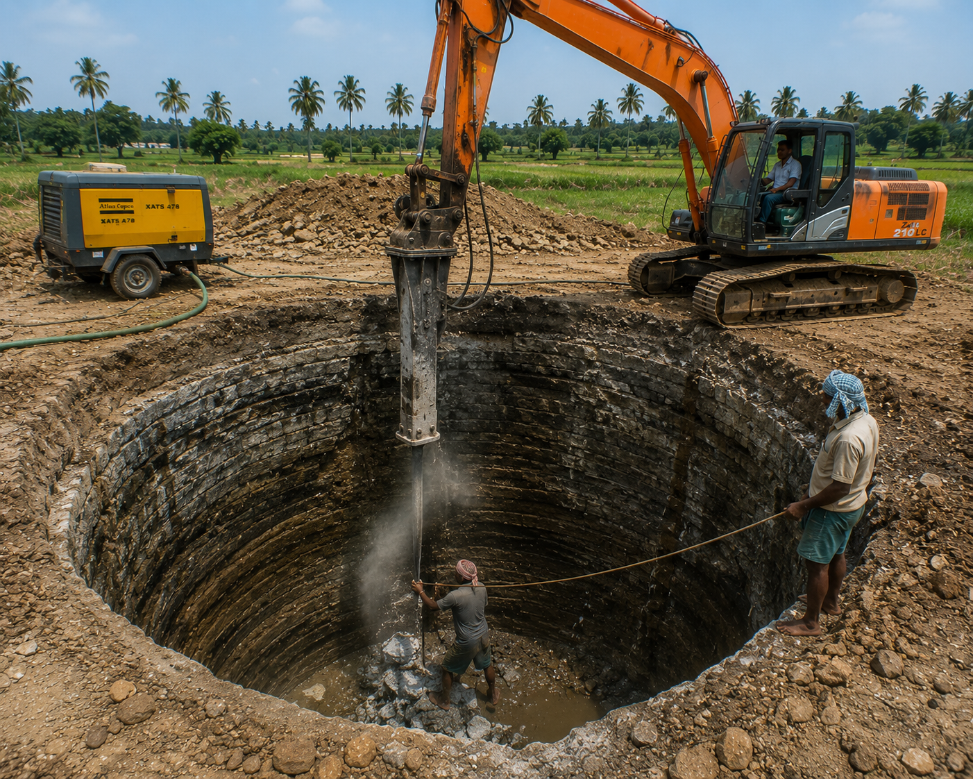 Open well cleaning contractor removing silt and mud from open well Tamil Nadu